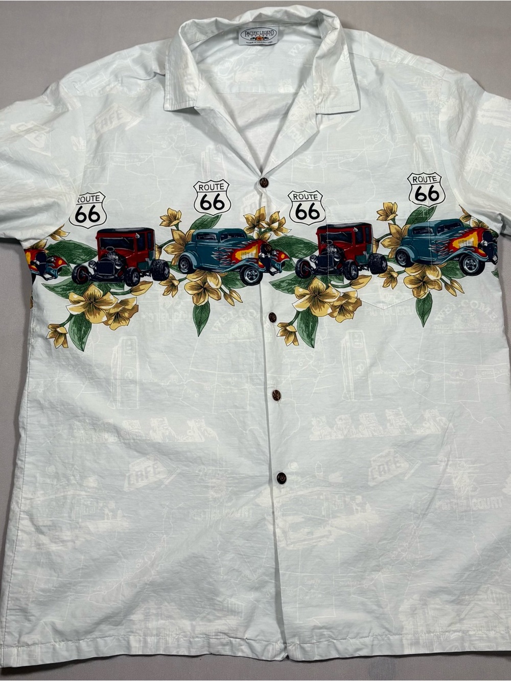 Vintage Pacific Legends Route 66 White Hawaiian Dad Shirt with Classic Cars